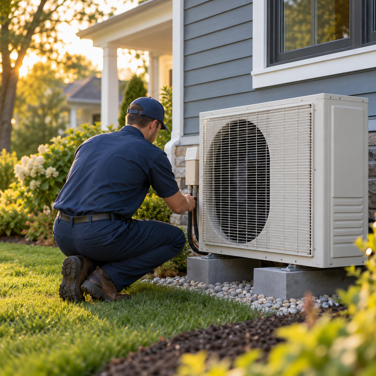 HVAC technician inspecting an outdoor heat pump at a home